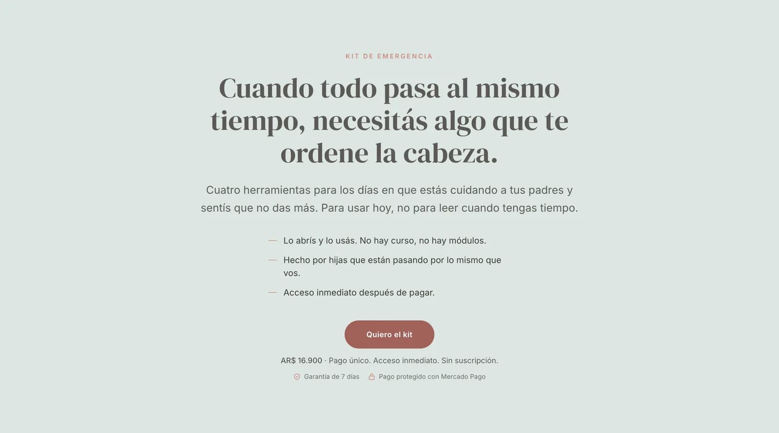 Página de venta del kit de emergencia, en escritorio